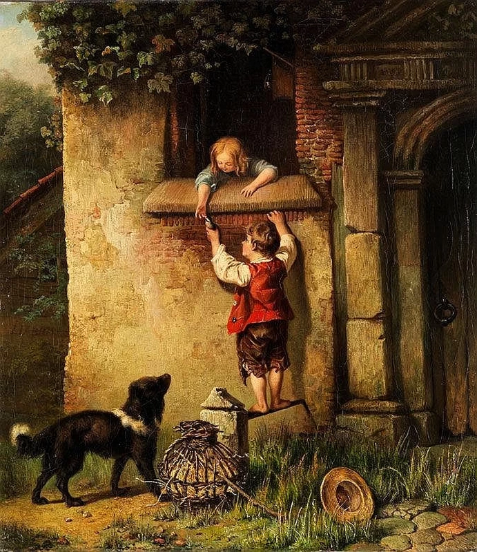 Ragazzo che da alla fanciulla un uccellino